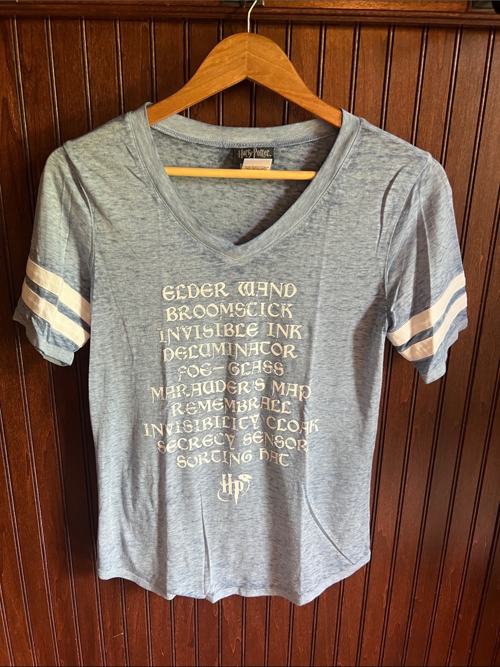 Harry Potter Heather Blue V-Neck Graphic Tee with White Sleeve Stripes